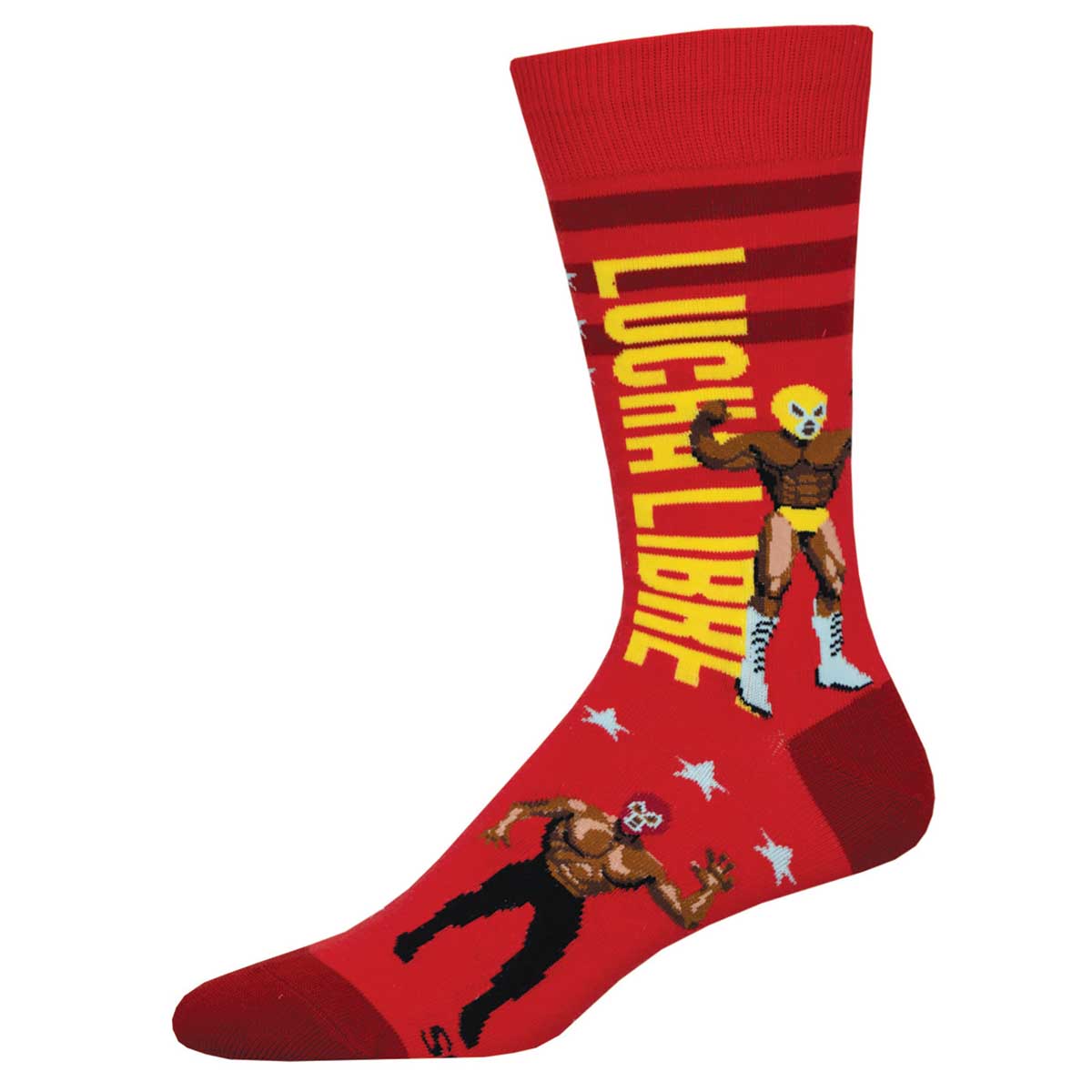 A pair of colorful crew socks with a red background featuring two wrestling characters and the text 'LUCHA LIBRE'.
