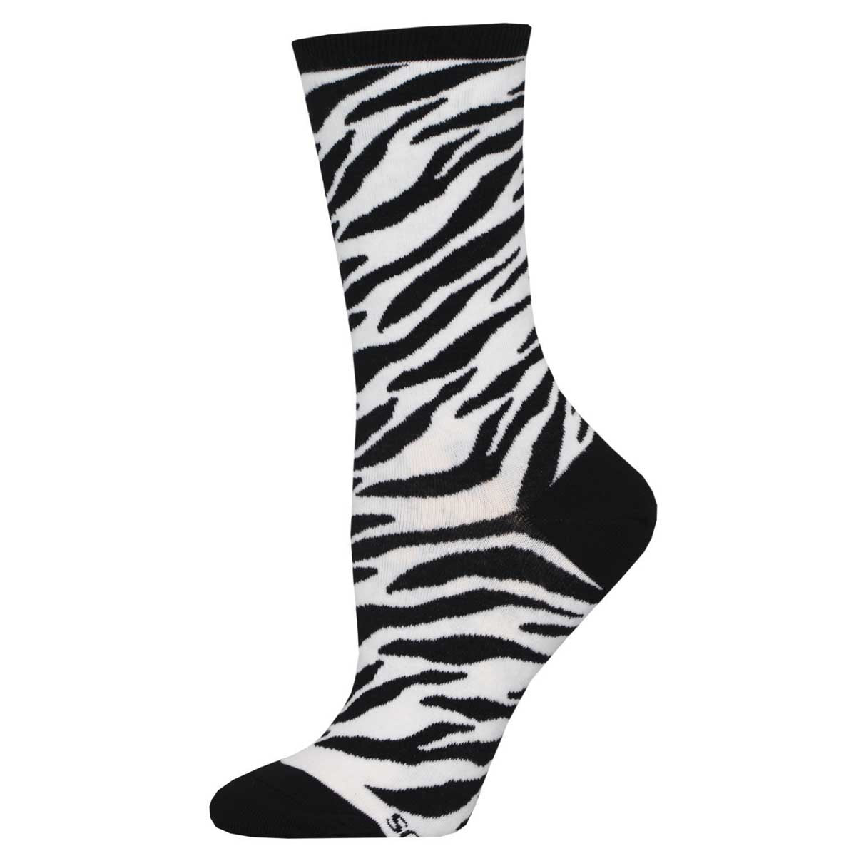 A pair of women's socks with a zebra print design in black and white.