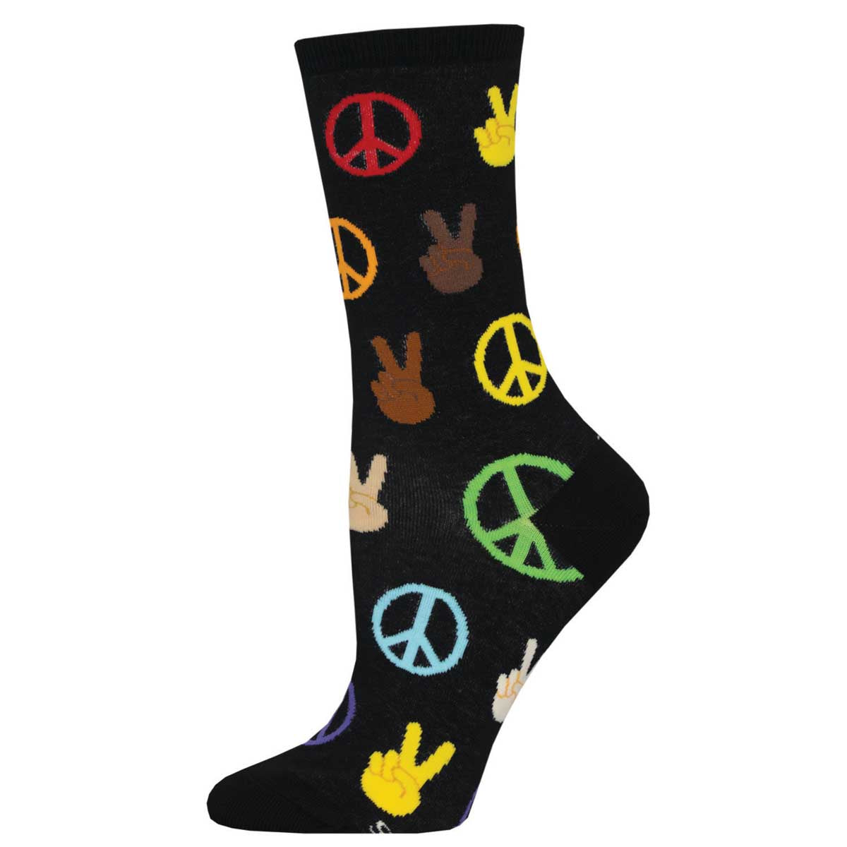 A pair of black crew socks with a pattern of colorful peace signs and hands in different colors.