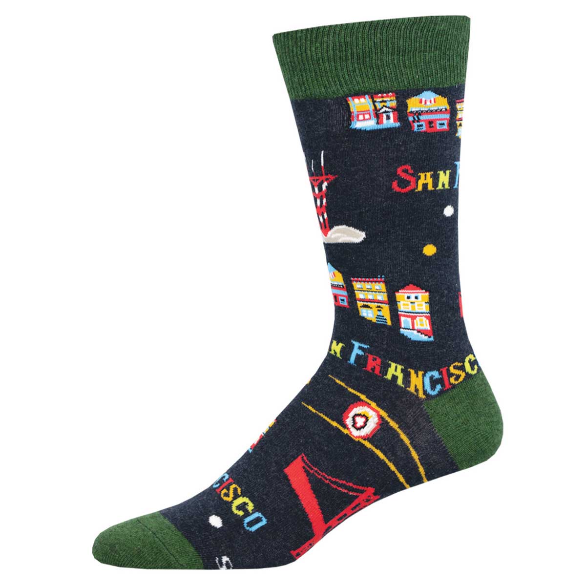A pair of socks with a cityscape pattern, featuring landmarks and text related to San Francisco.