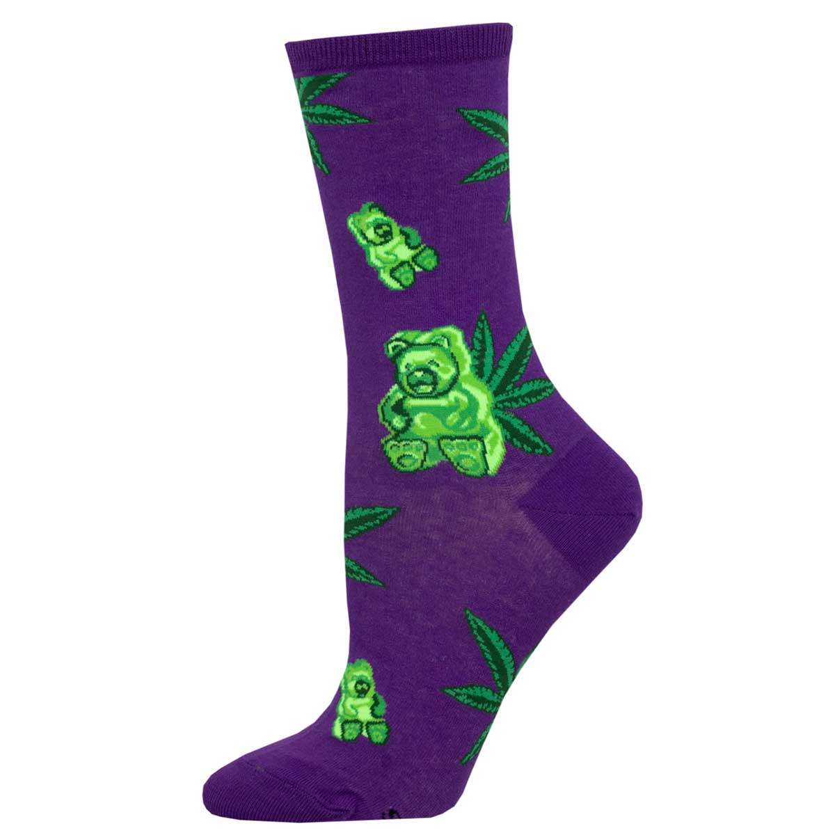 A pair of purple novelty socks with a pattern of green gummy bear candies and marijuana leaves.