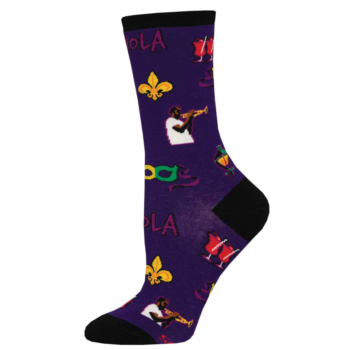 A pair of purple cotton crew socks with New Orleans-themed patterns including a jazz musician and Mardi Gras masks.
