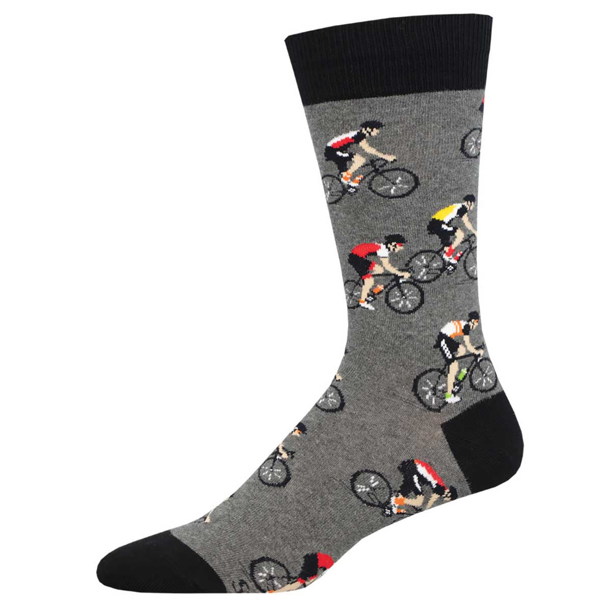 A pair of men's crew socks with a cycling theme, showing various cyclists on a gray background with black trim at the top and bottom.