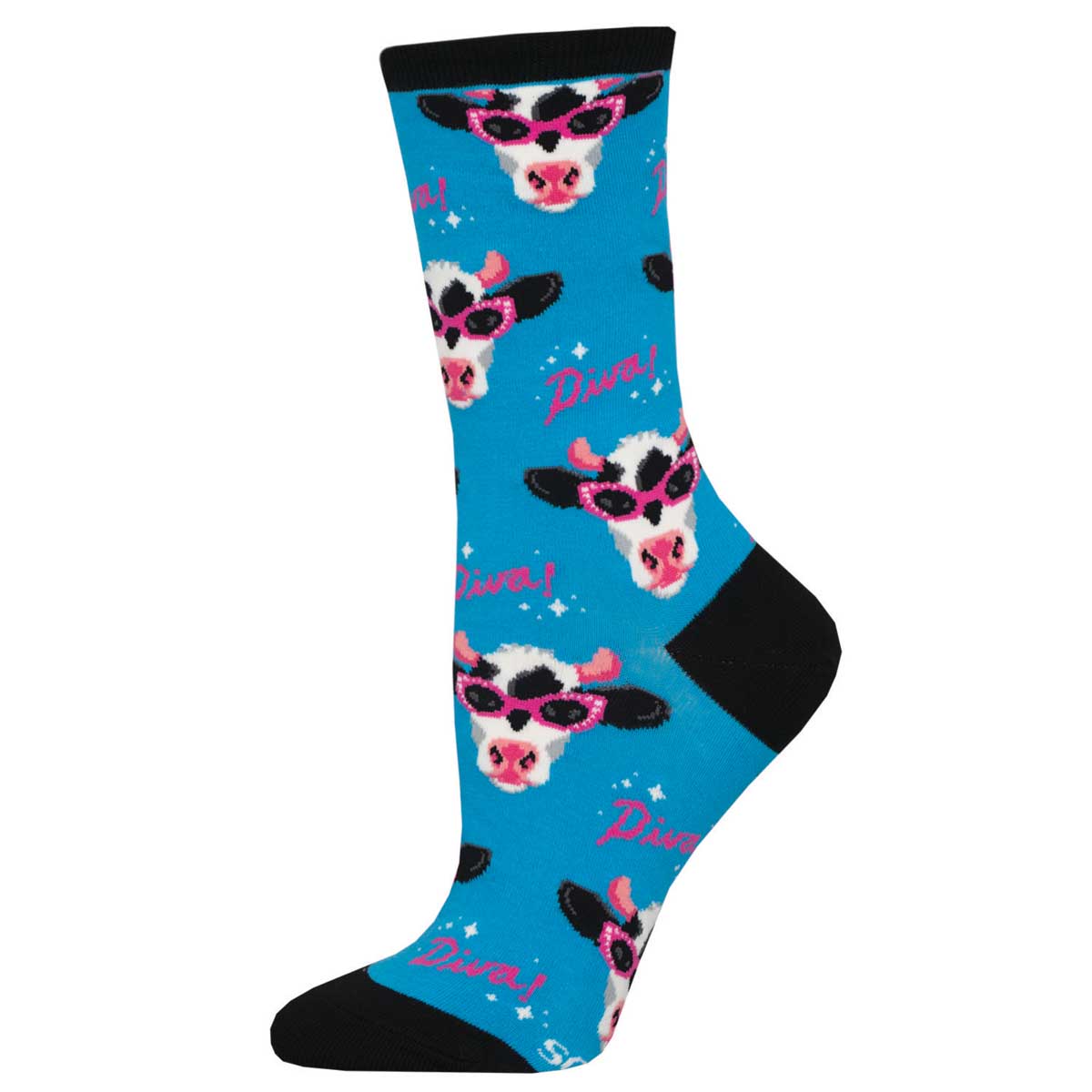 A pair of colorful crew socks with a pattern of cows wearing sunglasses on a blue background.