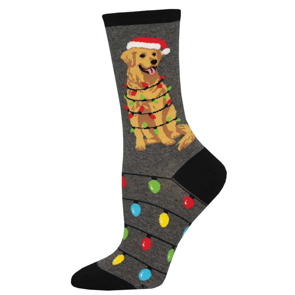 A pair of women's crew socks with a pattern of a dog wearing a Santa hat and Christmas lights, set against a gray background.