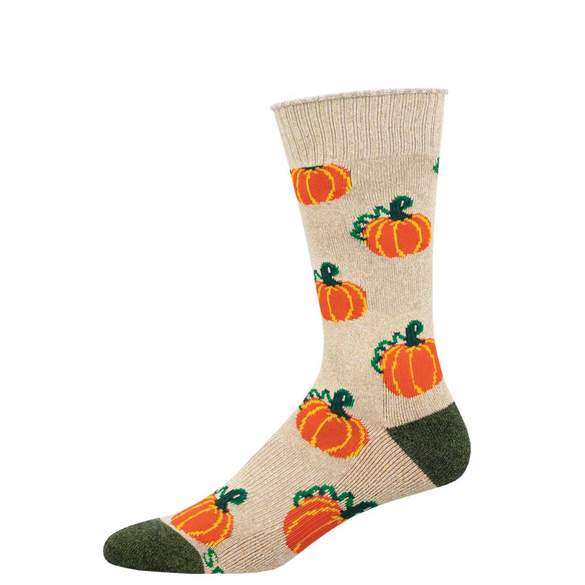 A beige sock with green and orange pumpkins pattern, and dark green at the toe and heel.