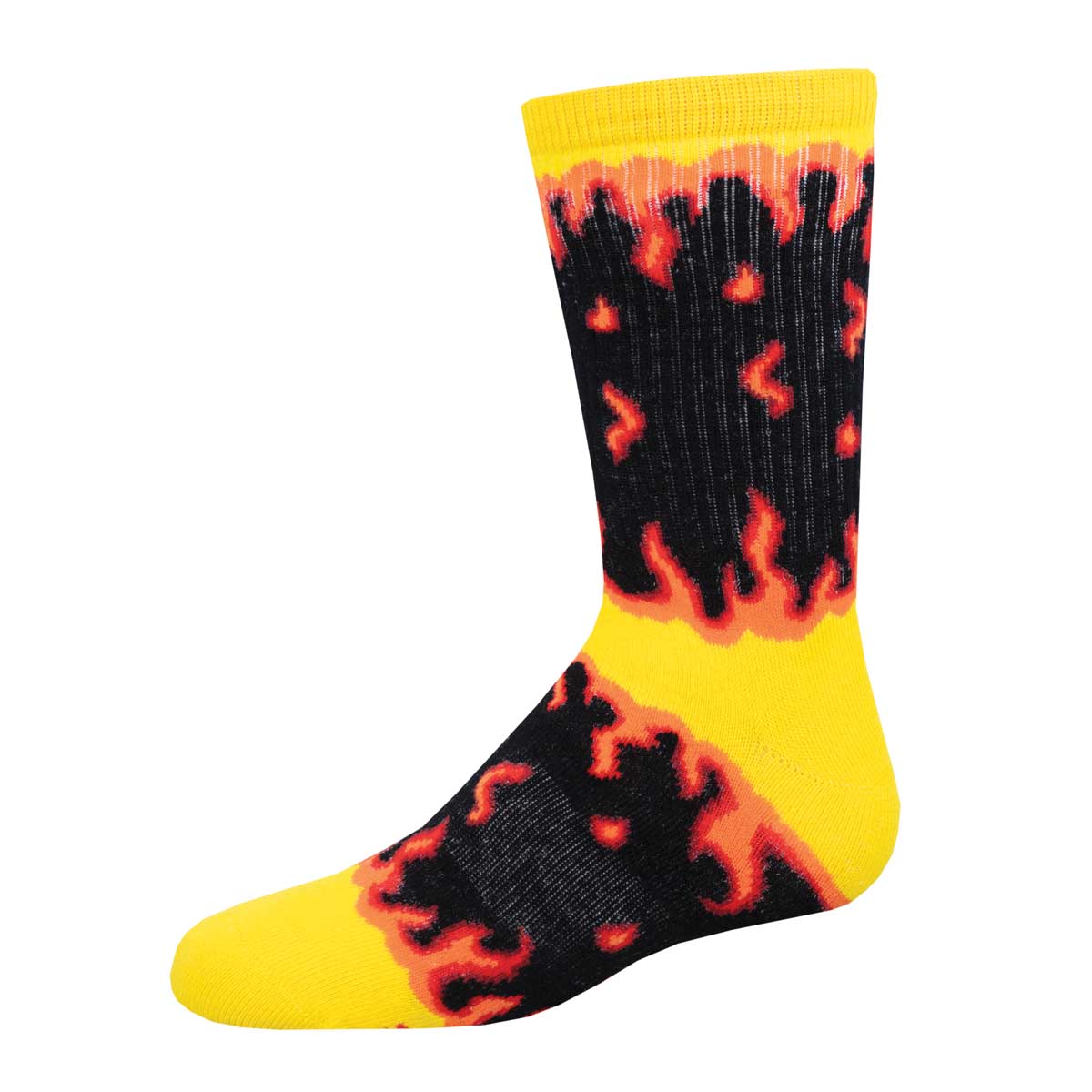 A pair of kids' athletic socks with a yellow base and black flame designs.