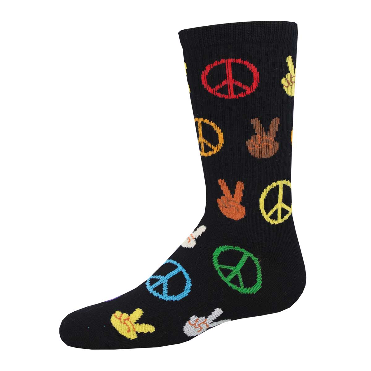 A black sock with colorful peace signs and hands making peace gestures.