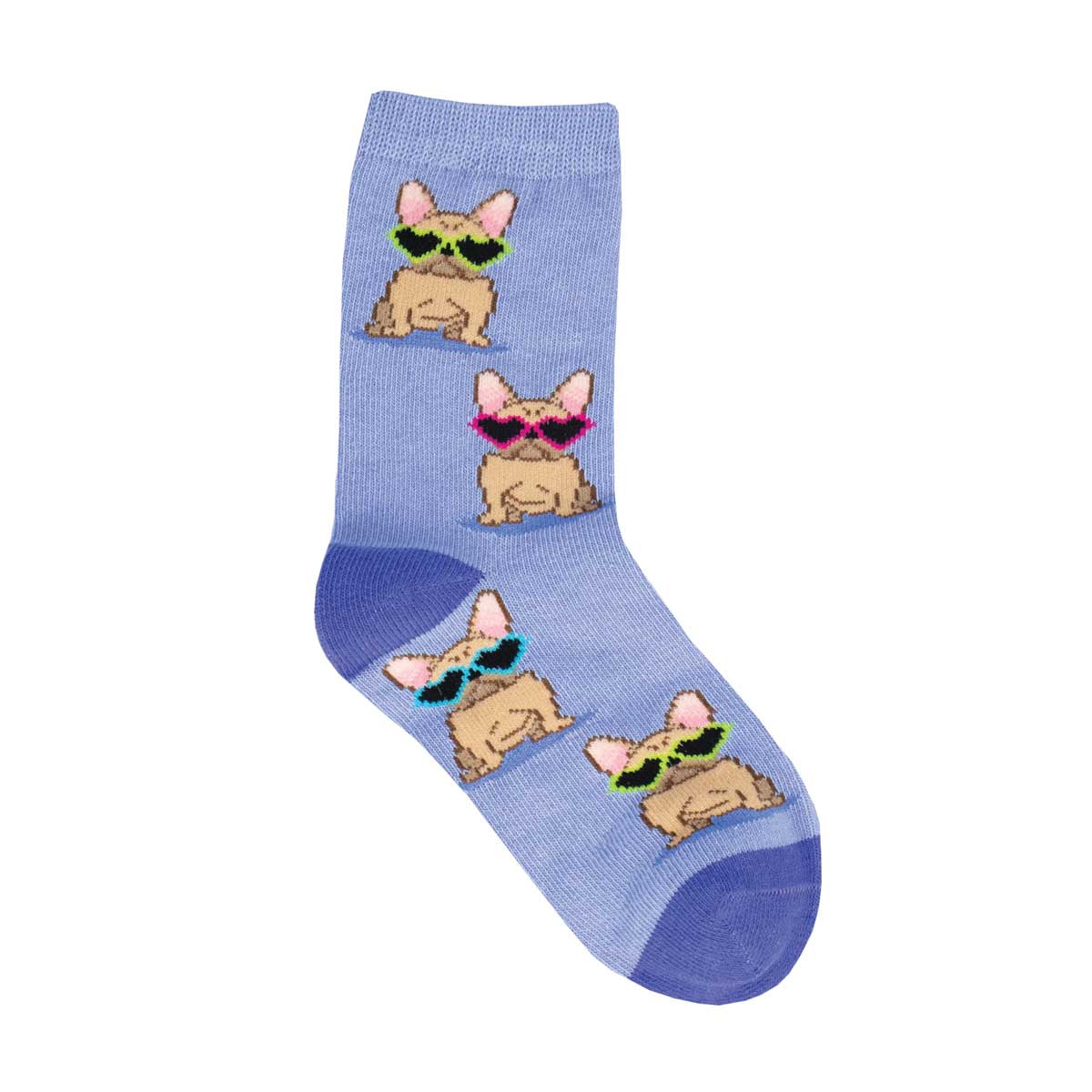 A pair of purple kids socks with an animal pattern featuring cartoon dogs wearing sunglasses.