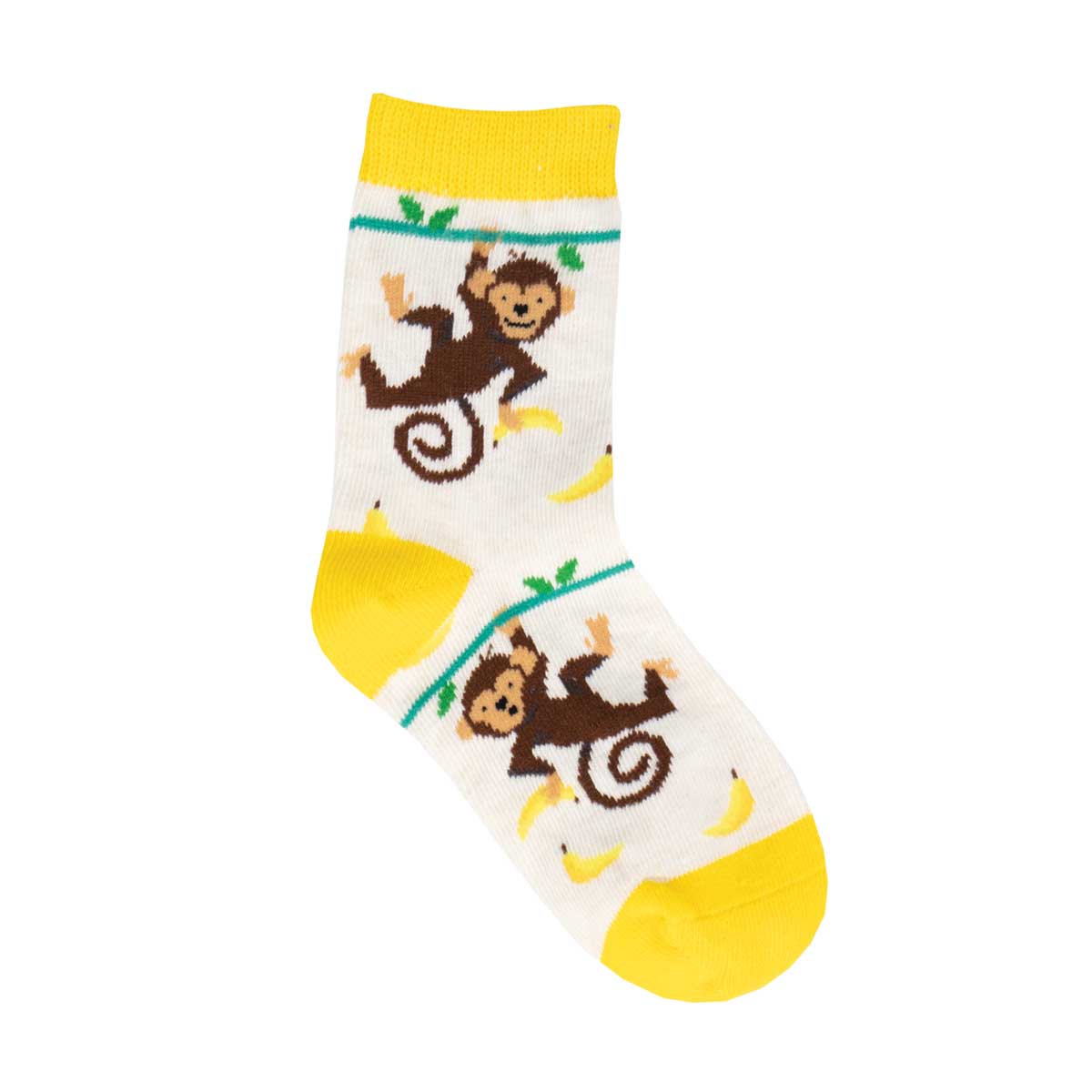 Children's socks with a pattern of brown monkeys climbing and bananas, set against a yellow heel and toe, with a white ankle area.