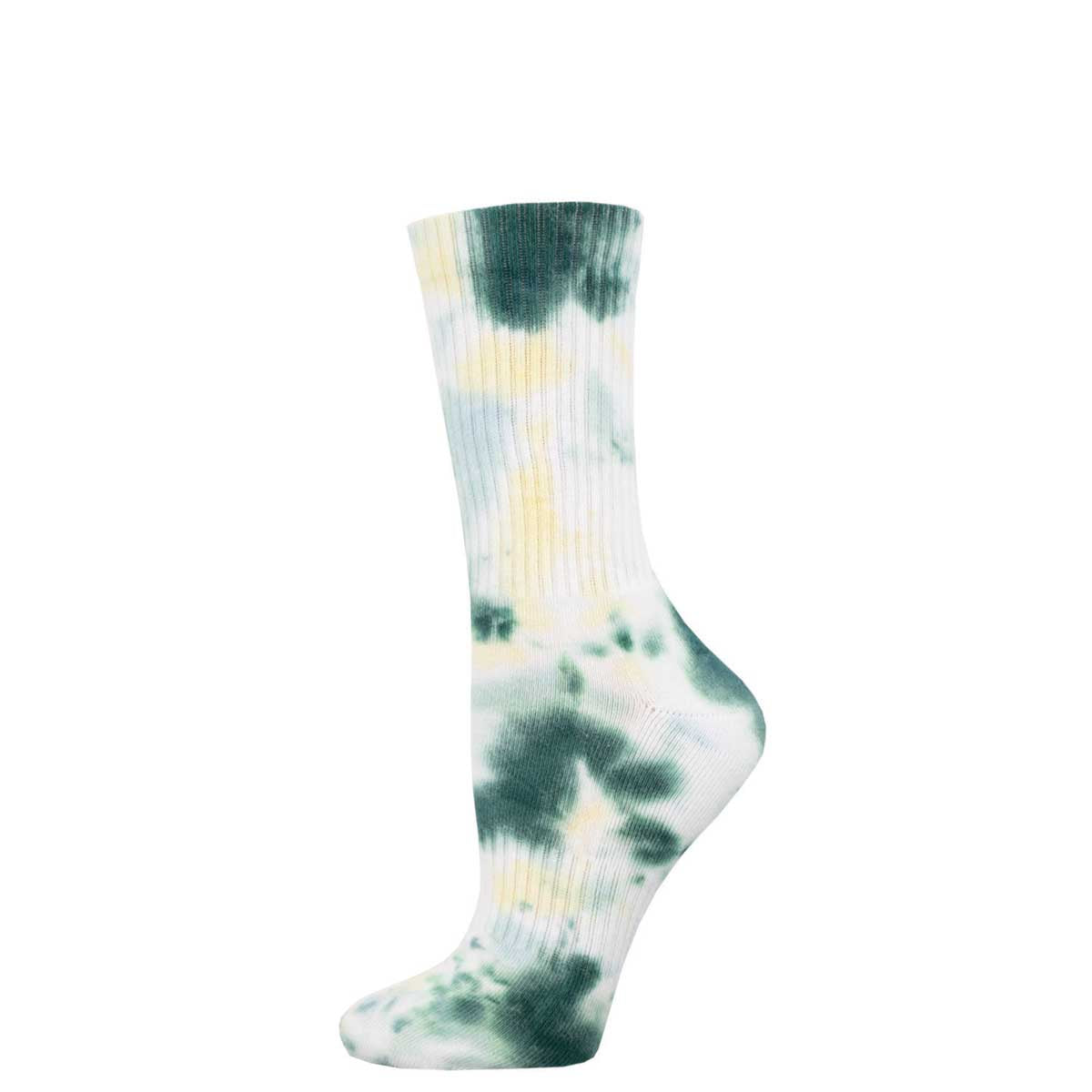 A tie-dye patterned athletic crew sock in shades of green, yellow, and white.