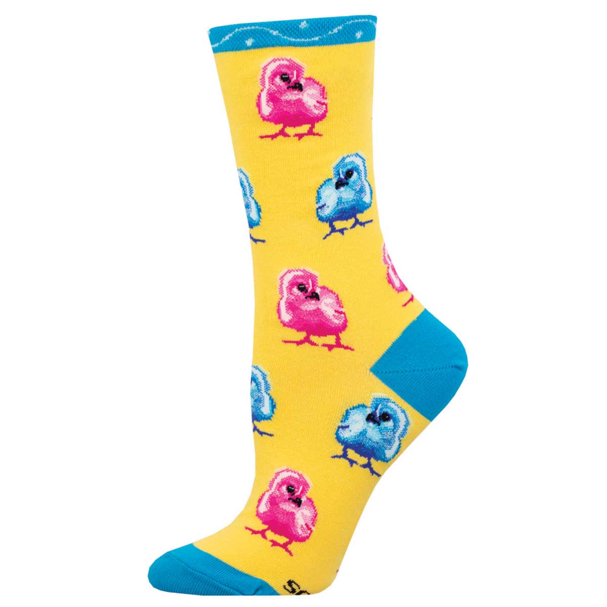 A pair of colorful women's socks with a pattern of cute pink and blue chicks on a yellow background and blue trim.
