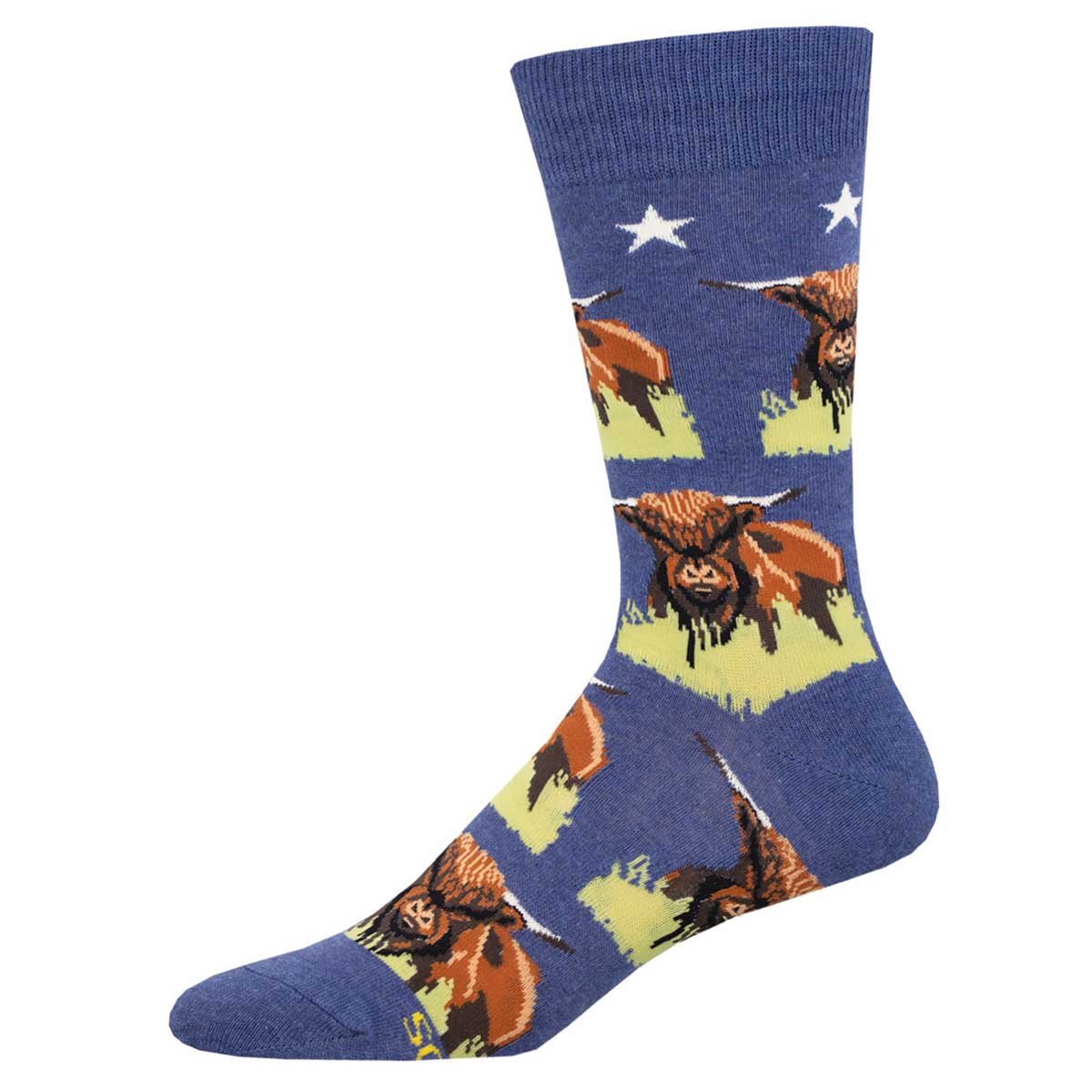 A pair of blue crew socks with a pattern of Highland cows and stars.