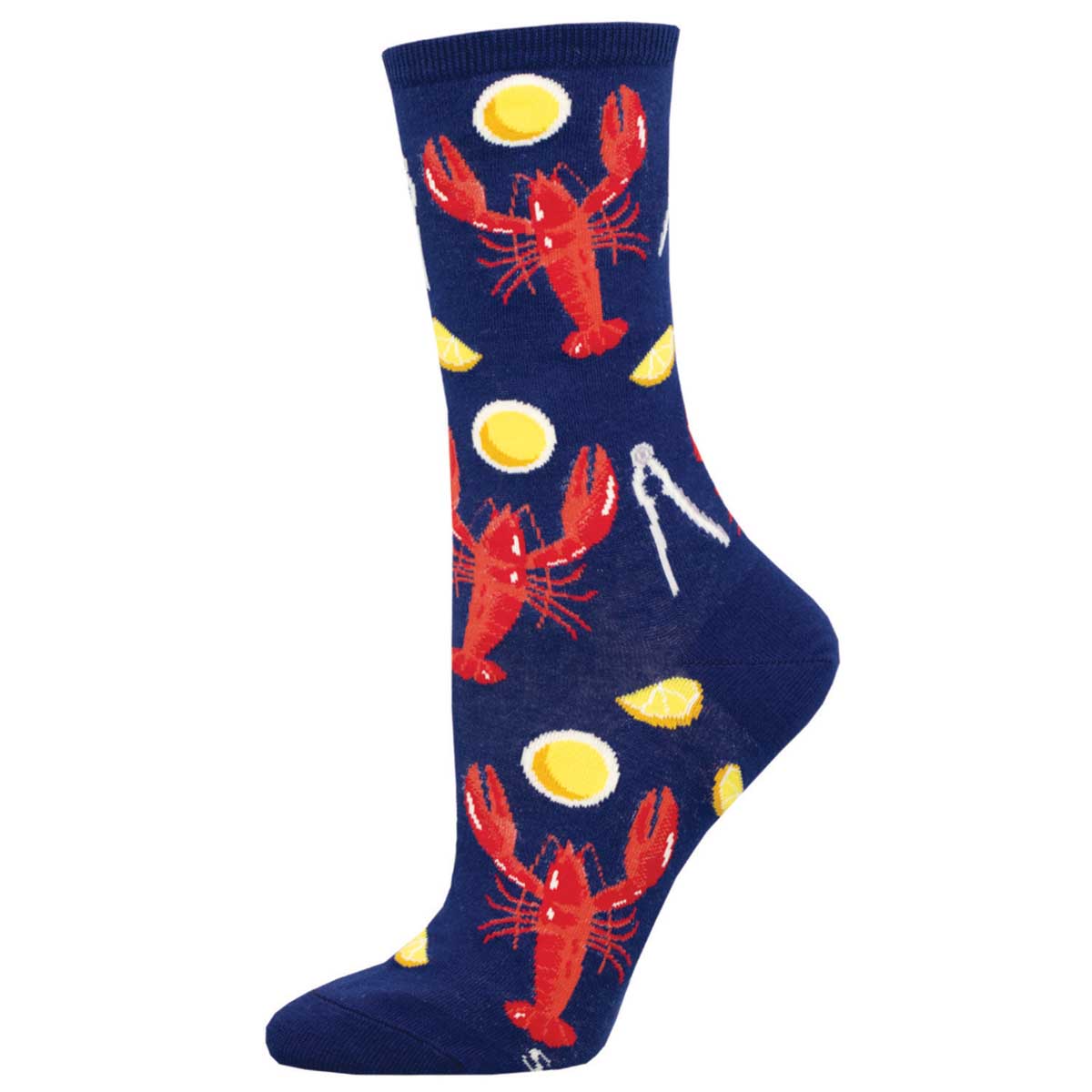 A pair of navy blue crew socks with a pattern of red lobsters, yellow accents of melted butter and lemons, with silver claw cracking utensils.