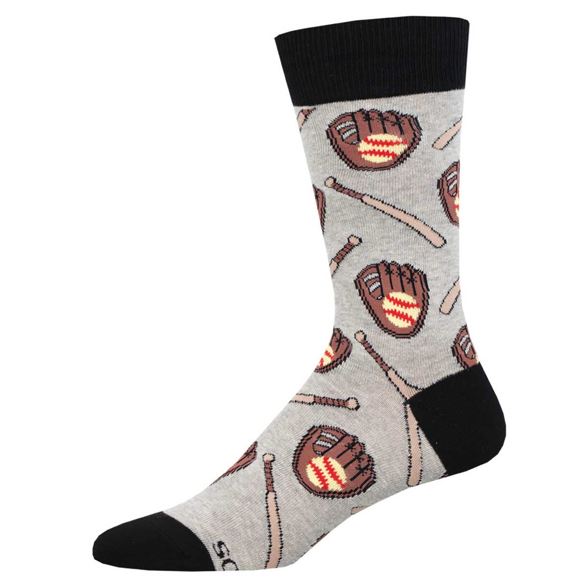A pair of gray crew socks with a pattern of baseball gloves and bats.