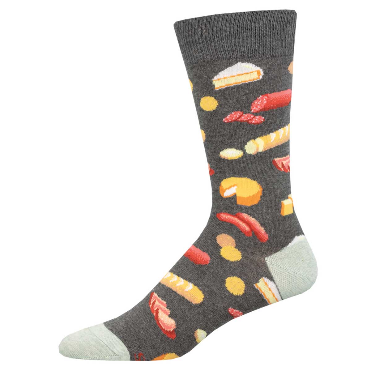 A pair of gray crew socks with a pattern of various food items such as meats and cheeses.