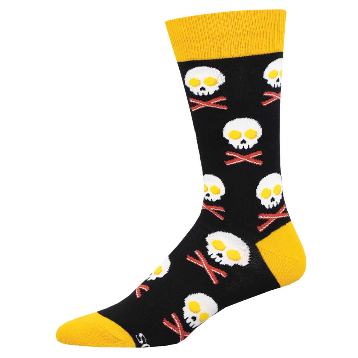 A pair of black crew socks with a pattern of bacon and eggs in white and yellow, and yellow accents on the cuffs.