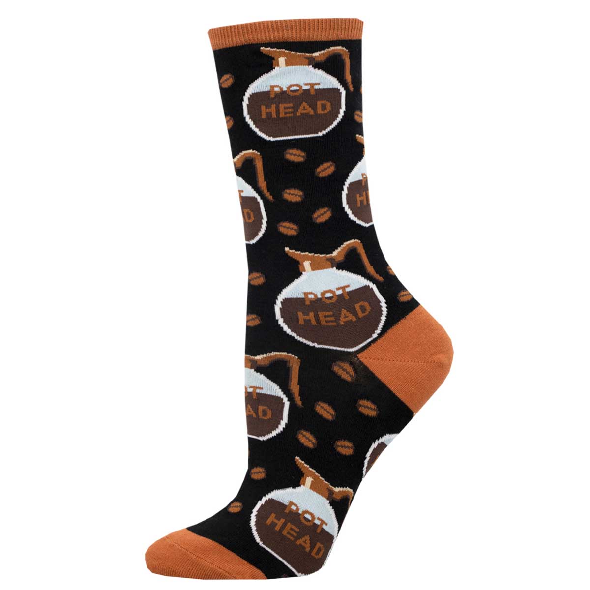 A pair of women's crew socks with a coffee pot design and the text 'POT HEAD' on them, primarily in a brown color with white and orange accents.