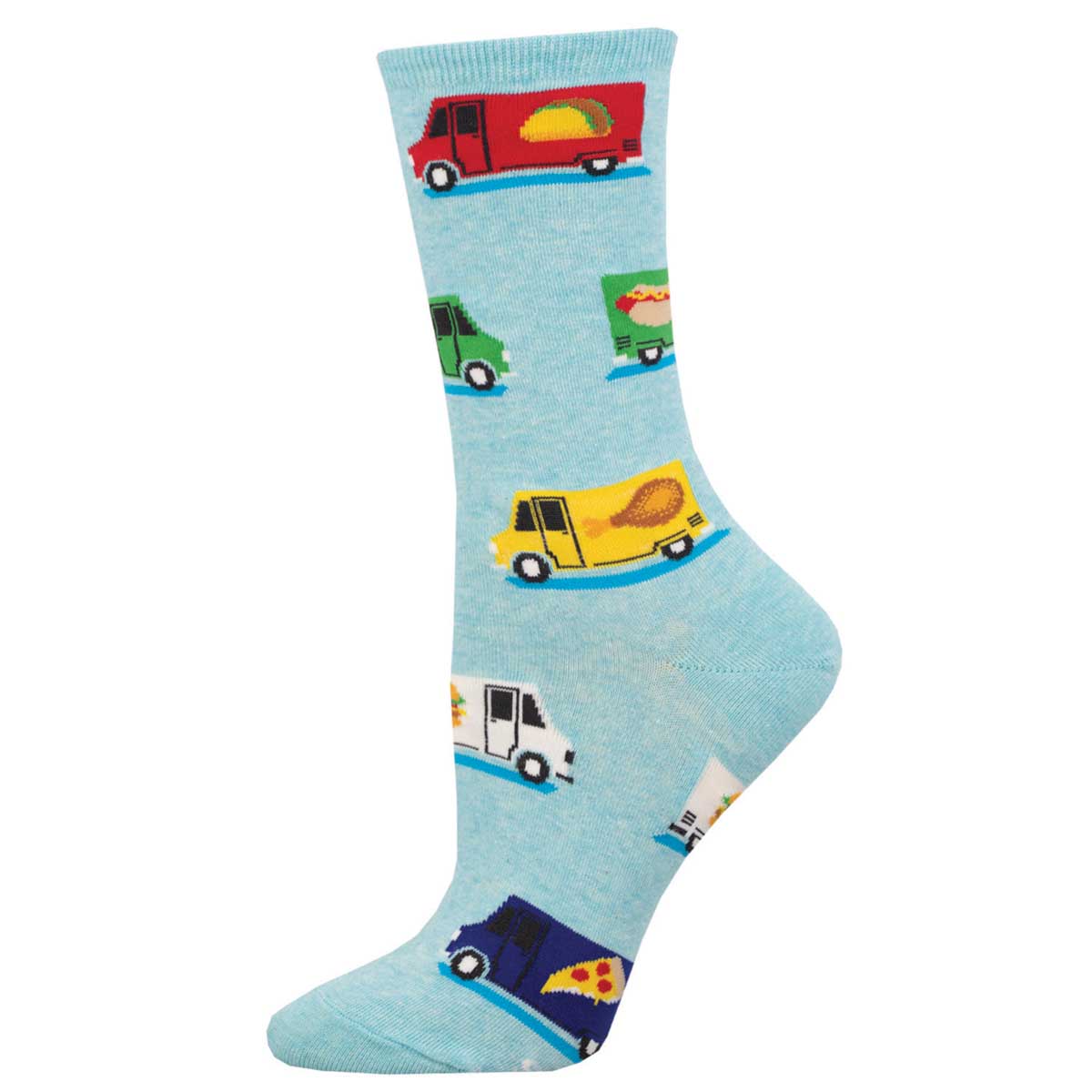 A pair of women's socks with a pattern of various food trucks on a light blue background.