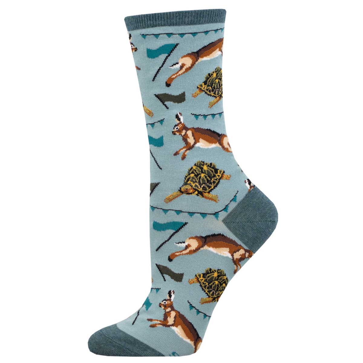 A pair of blue cotton crew socks featuring an animal pattern with tortoises and hares in a racing theme.