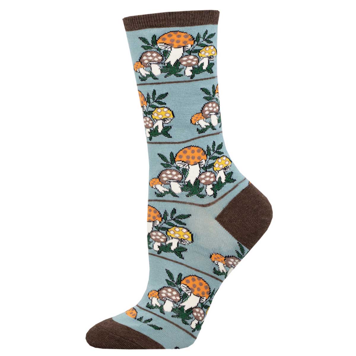 A pair of socks with a pattern of mushrooms in a forest setting, on a steel blue background.