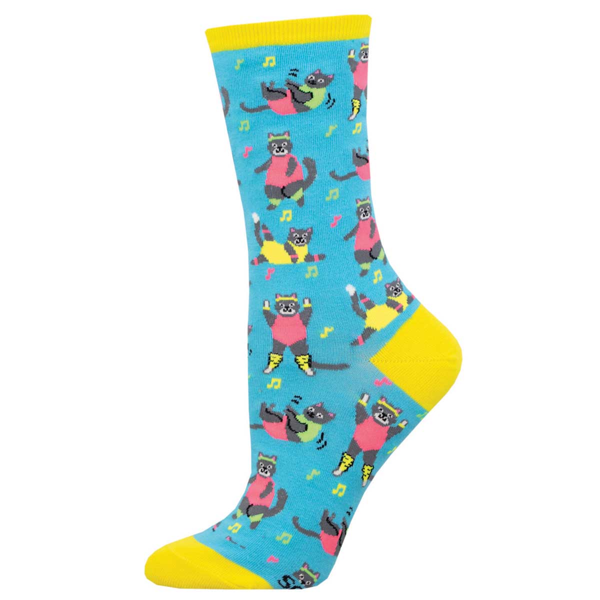 A pair of colorful crew socks featuring an exercise theme with cats wearing workout clothes, predominantly blue with yellow at the heel and toe.