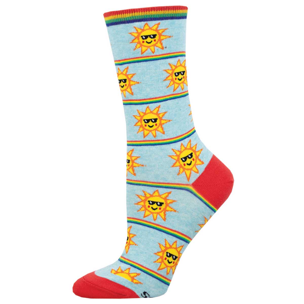 A pair of colorful women's socks with a pattern of sun shapes and sunglasses.
