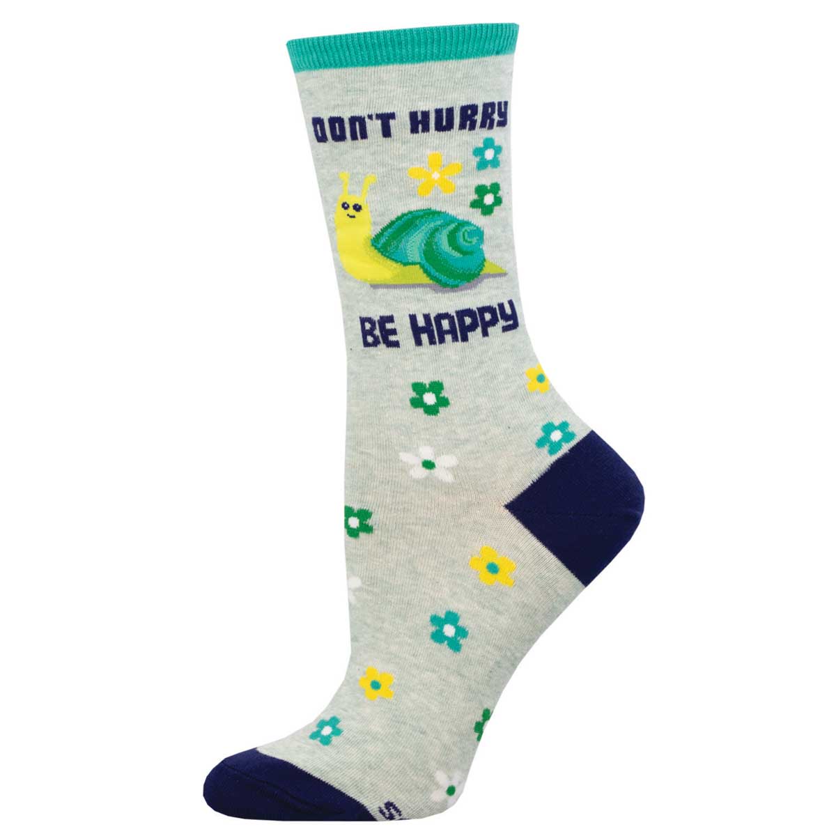 A pair of cotton crew socks with a pattern of snails, flowers, and the text 'Don't Hurry Be Happy' on a gray background.