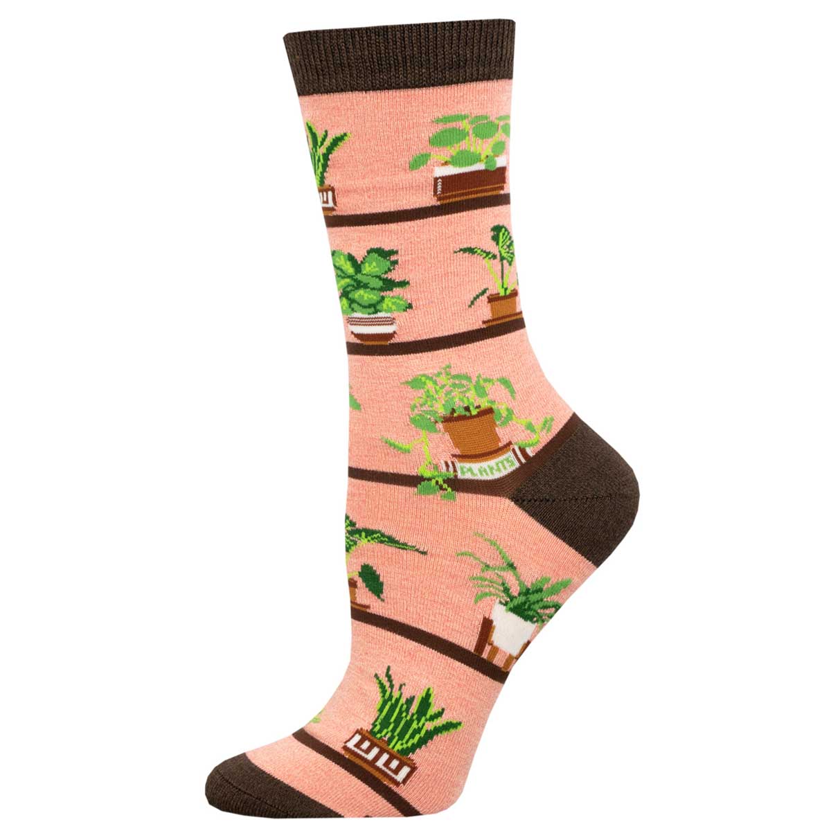 A pair of socks with a pattern of bamboo plants on a pink background, arranged in a vertical layout.
