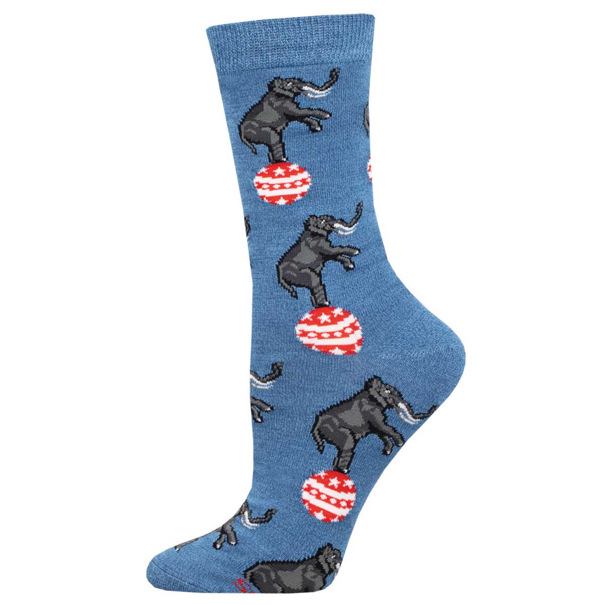 A pair of blue crew socks with a pattern of elephants balancing on balls.