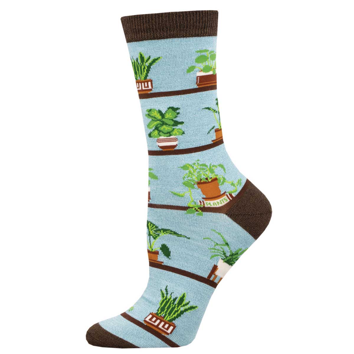 A pair of socks with a pattern of bamboo plants on a light blue background, arranged in a vertical layout.