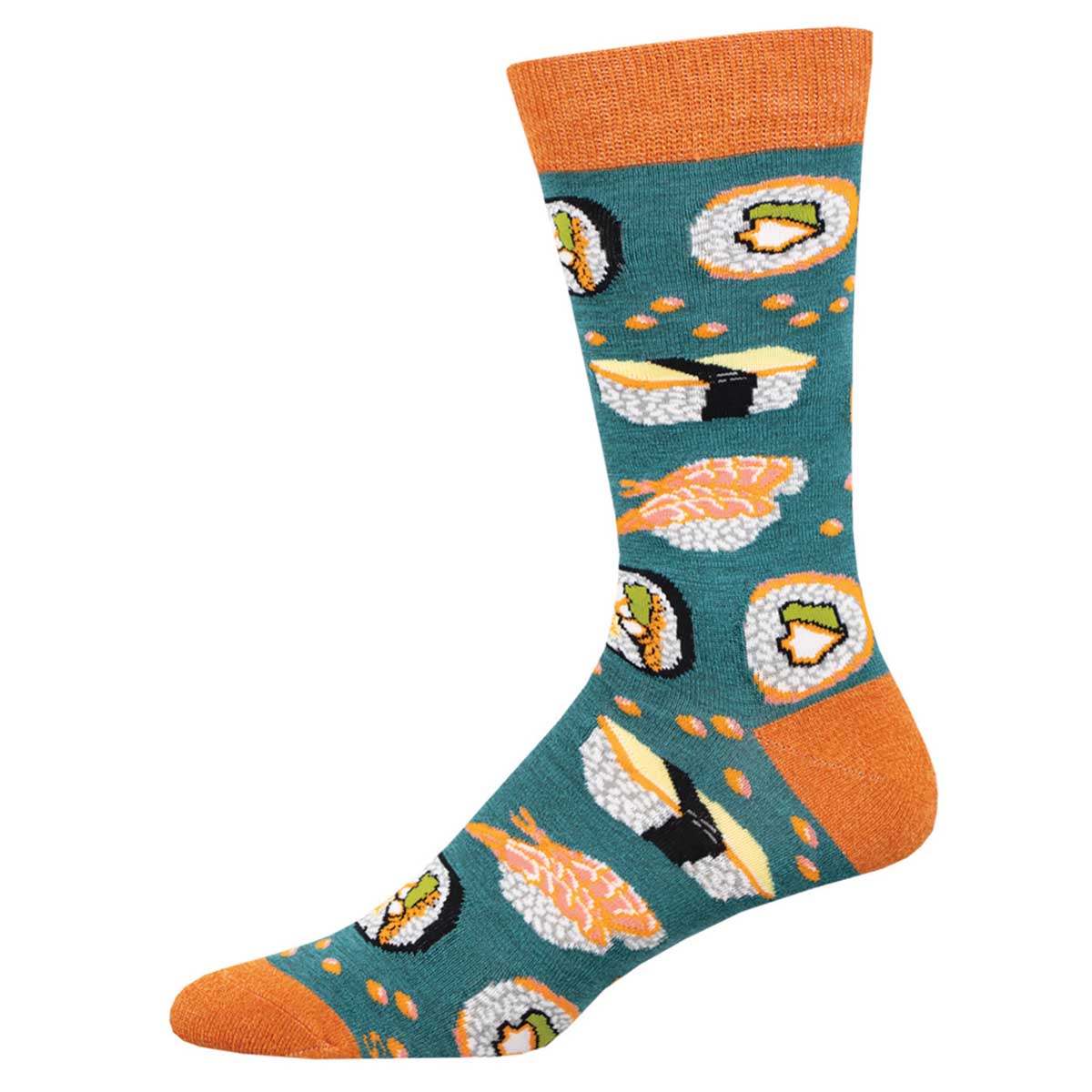 A pair of men's socks with a sushi pattern on a teal green and orange background.