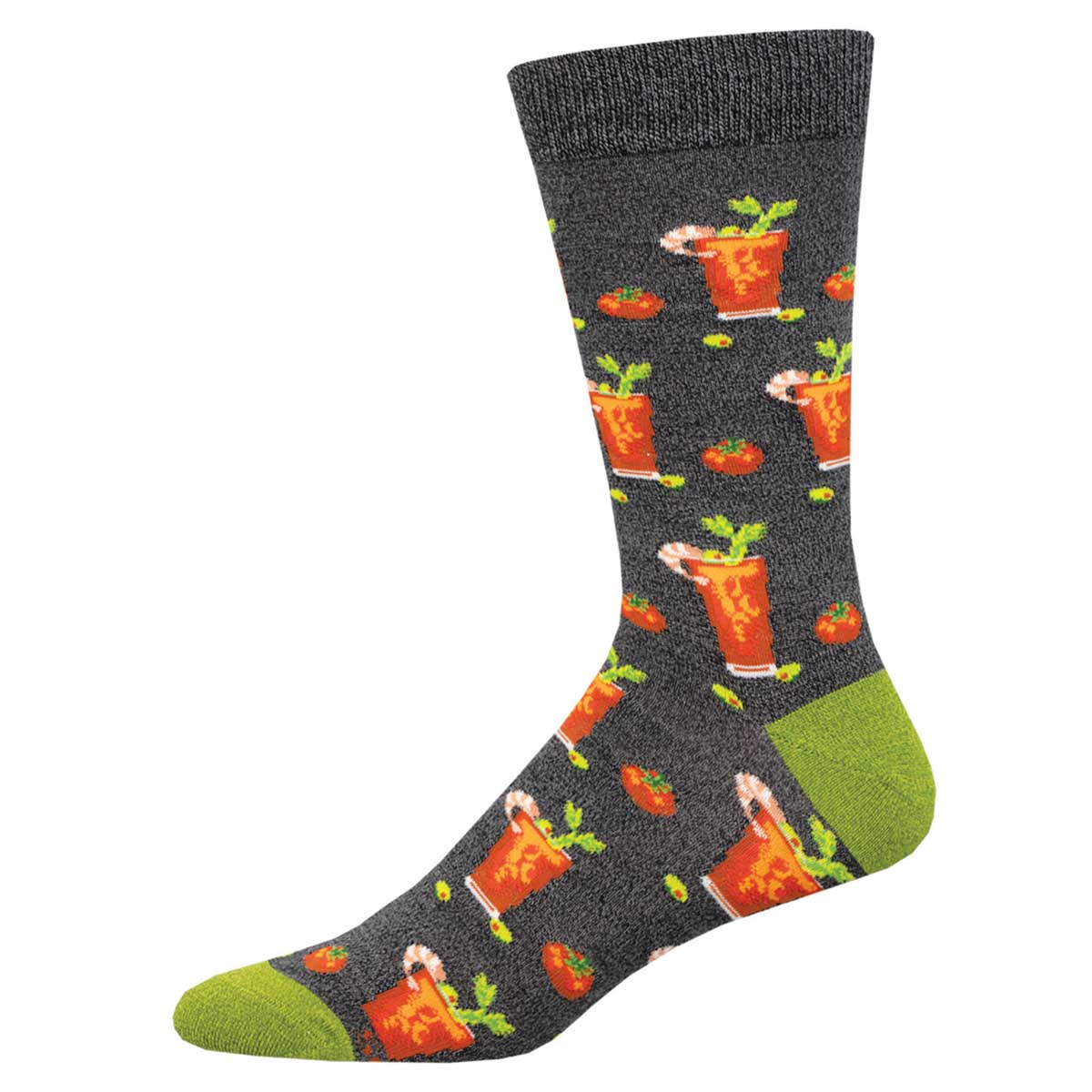 A pair of socks with a pattern of bloody mary cocktails and garnishes on a gray background with green at the heel and toe.