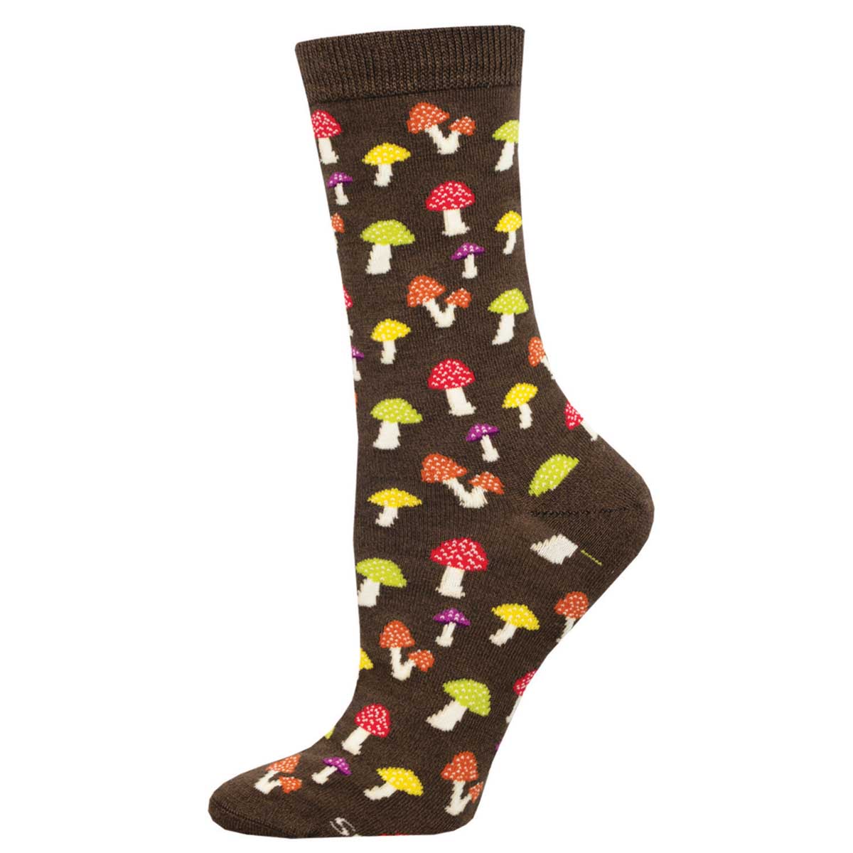 A pair of brown crew socks with a pattern of colorful mushrooms.