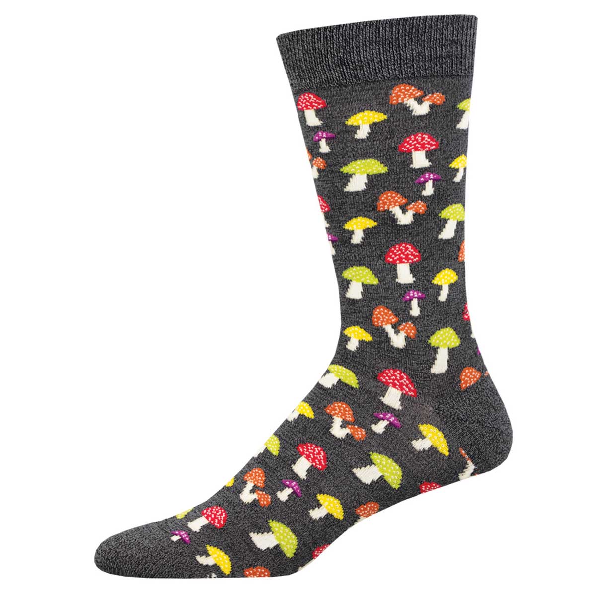 A pair of gray bamboo socks with a colorful mushroom pattern.
