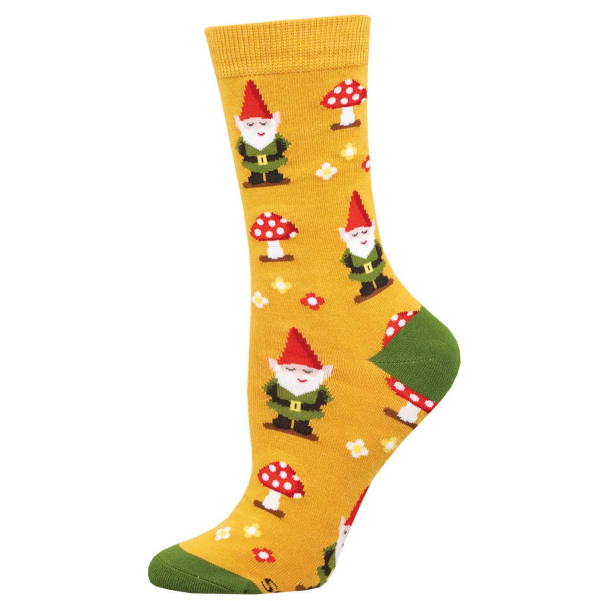A pair of yellow crew socks with a pattern of mushrooms and gnomes in green and red.