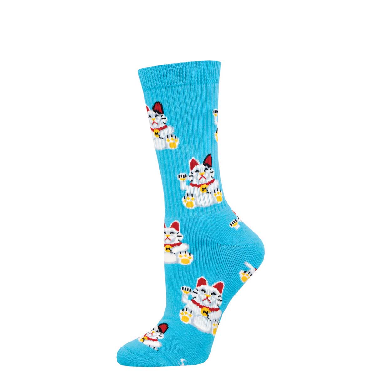 A pair of blue socks with a pattern of white maneki neko cats in various poses.