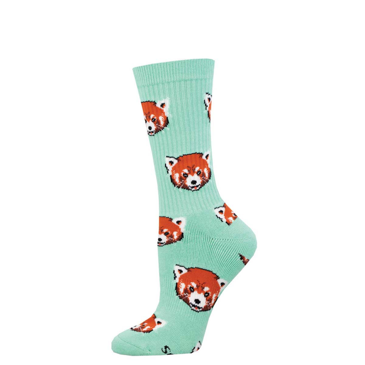 A pair of mint green crew socks with red panda faces printed throughout.
