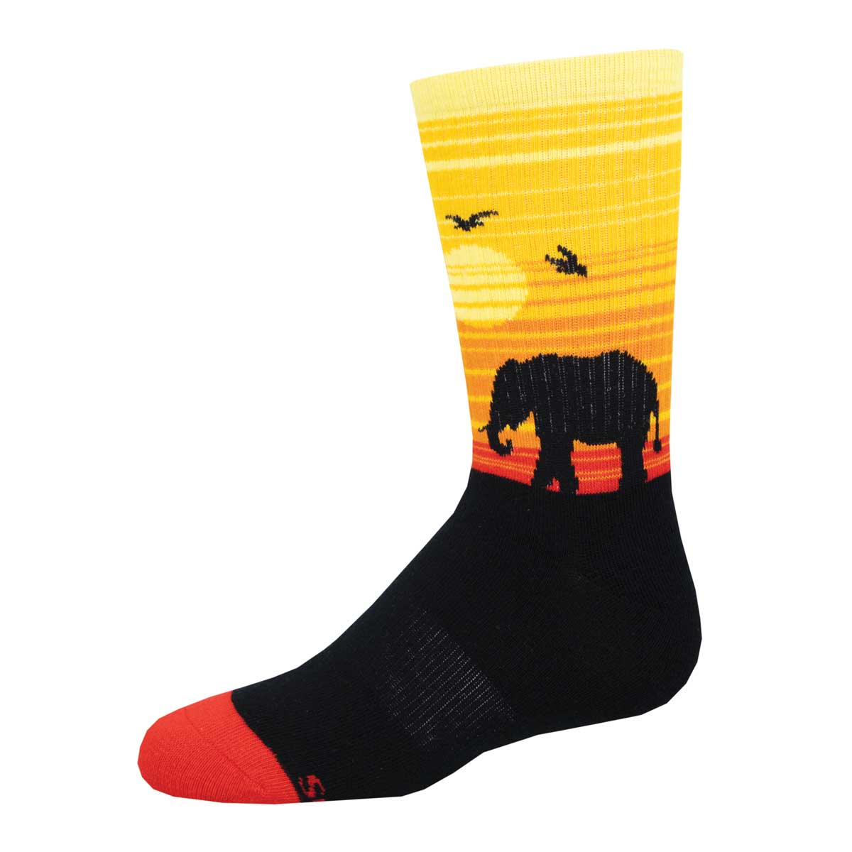 A pair of crew socks with a silhouette of an elephant and a sunset in orange and yellow hues on the upper part, with a red toe and black body.