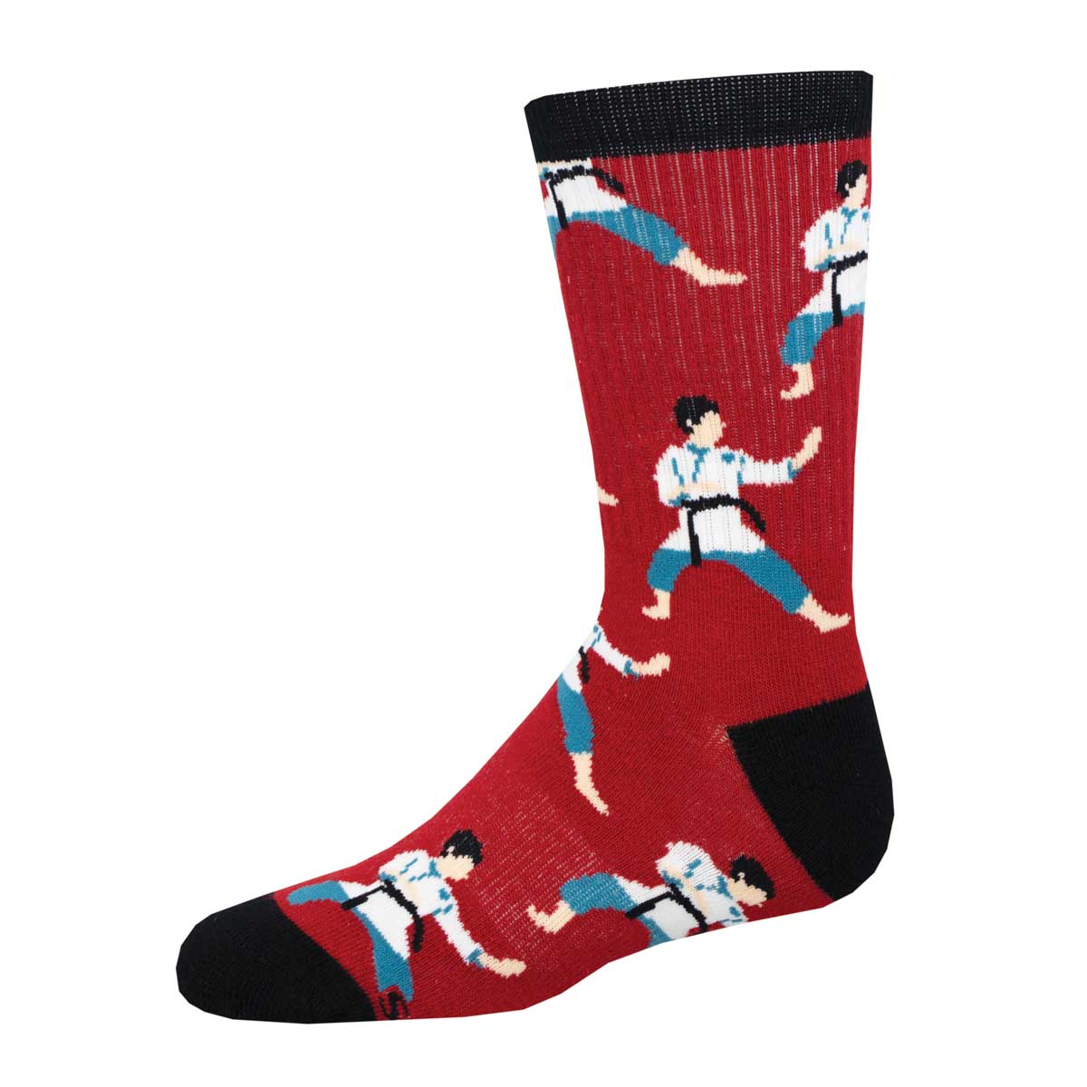 A pair of kids' athletic socks with a red background featuring multiple cartoon depictions of children practicing martial arts.