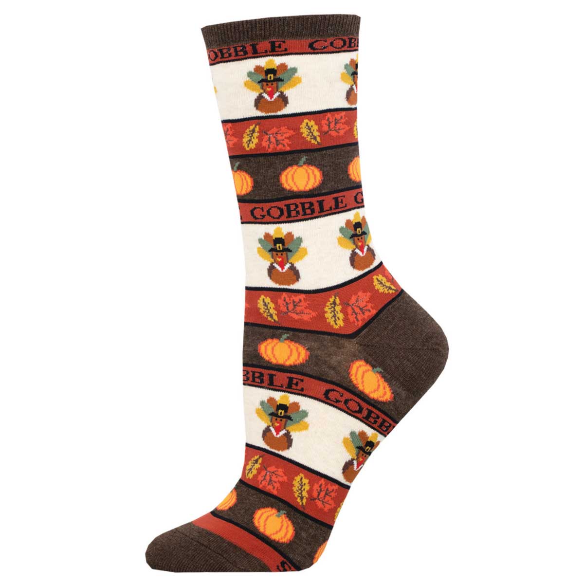 A pair of women's crew socks with a Thanksgiving-themed pattern, featuring turkeys and pumpkins, on a white background.