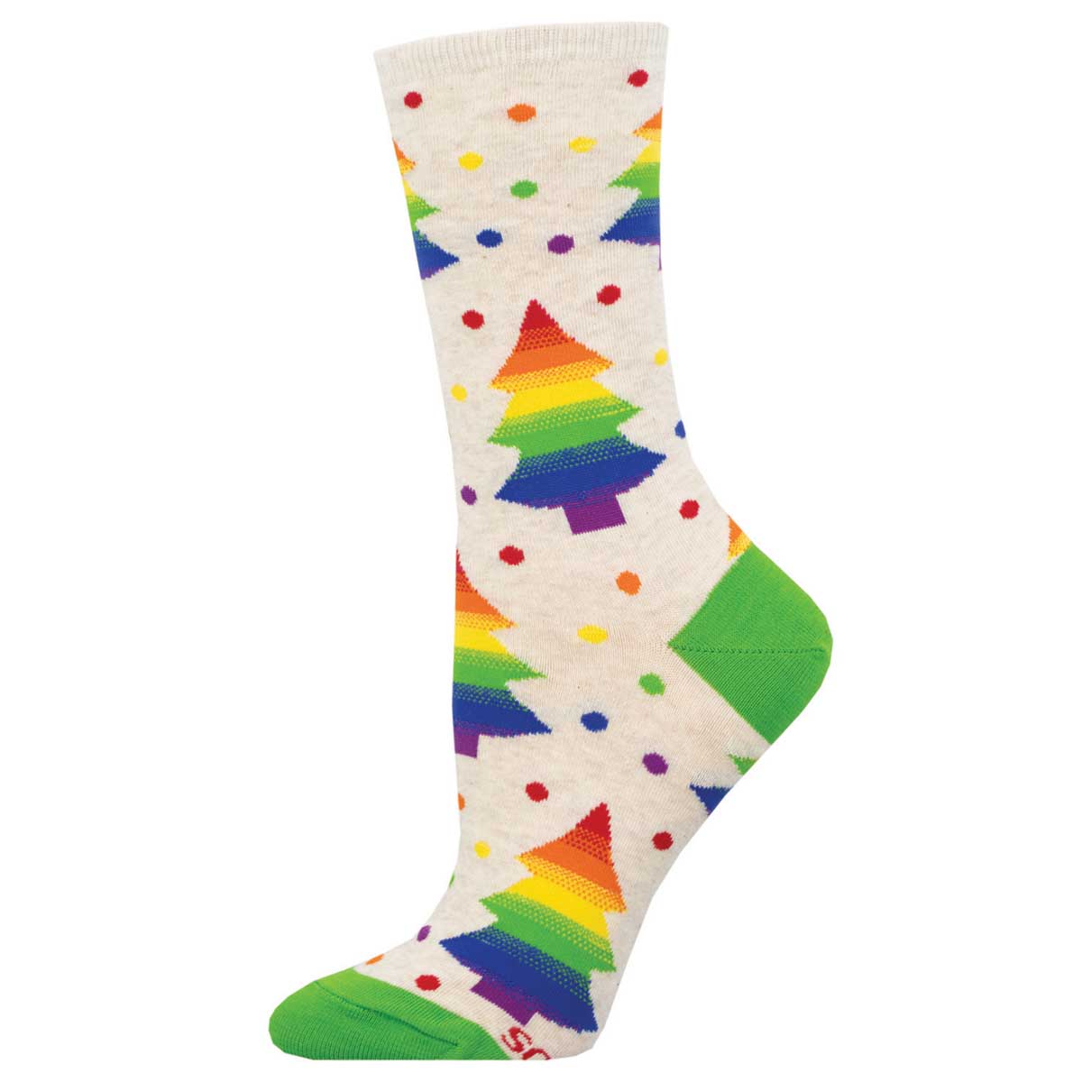 A pair of colorful holiday socks with a Christmas tree pattern and green heel and toe.