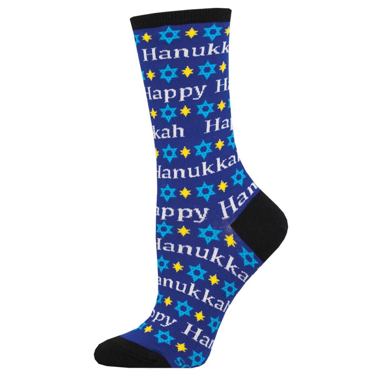 A pair of blue cotton crew socks with 'Happy Hanukkah' and star patterns