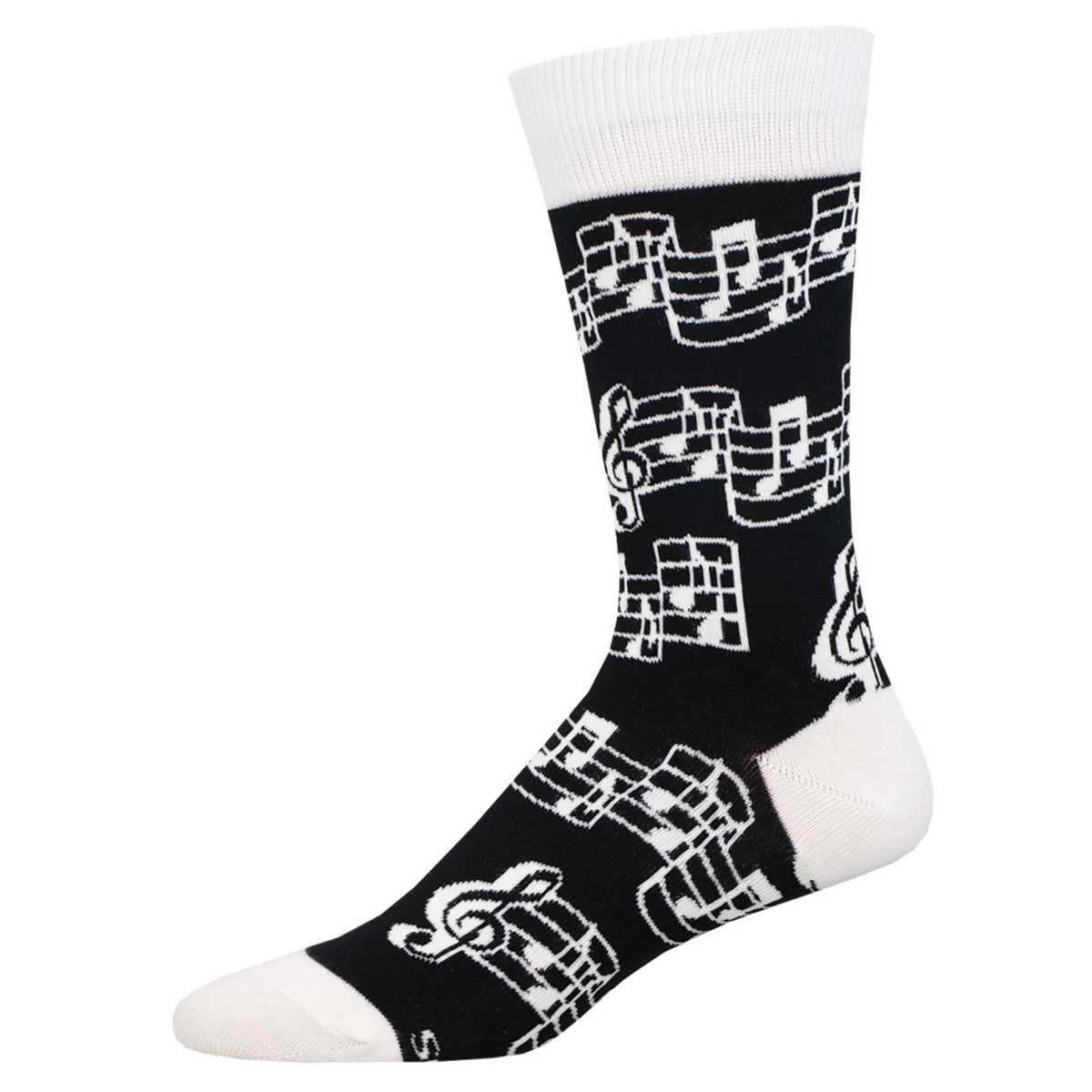 A pair of black and white cotton crew socks with a musical note pattern on a black background.