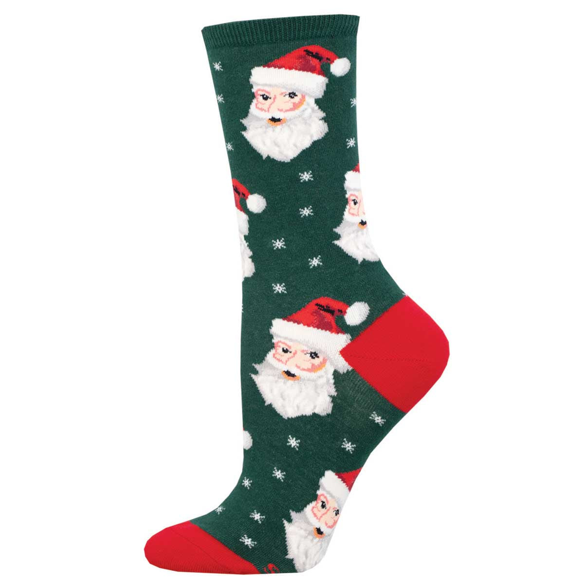 A green and red crew sock with a pattern of Santa Claus faces and snowflakes.