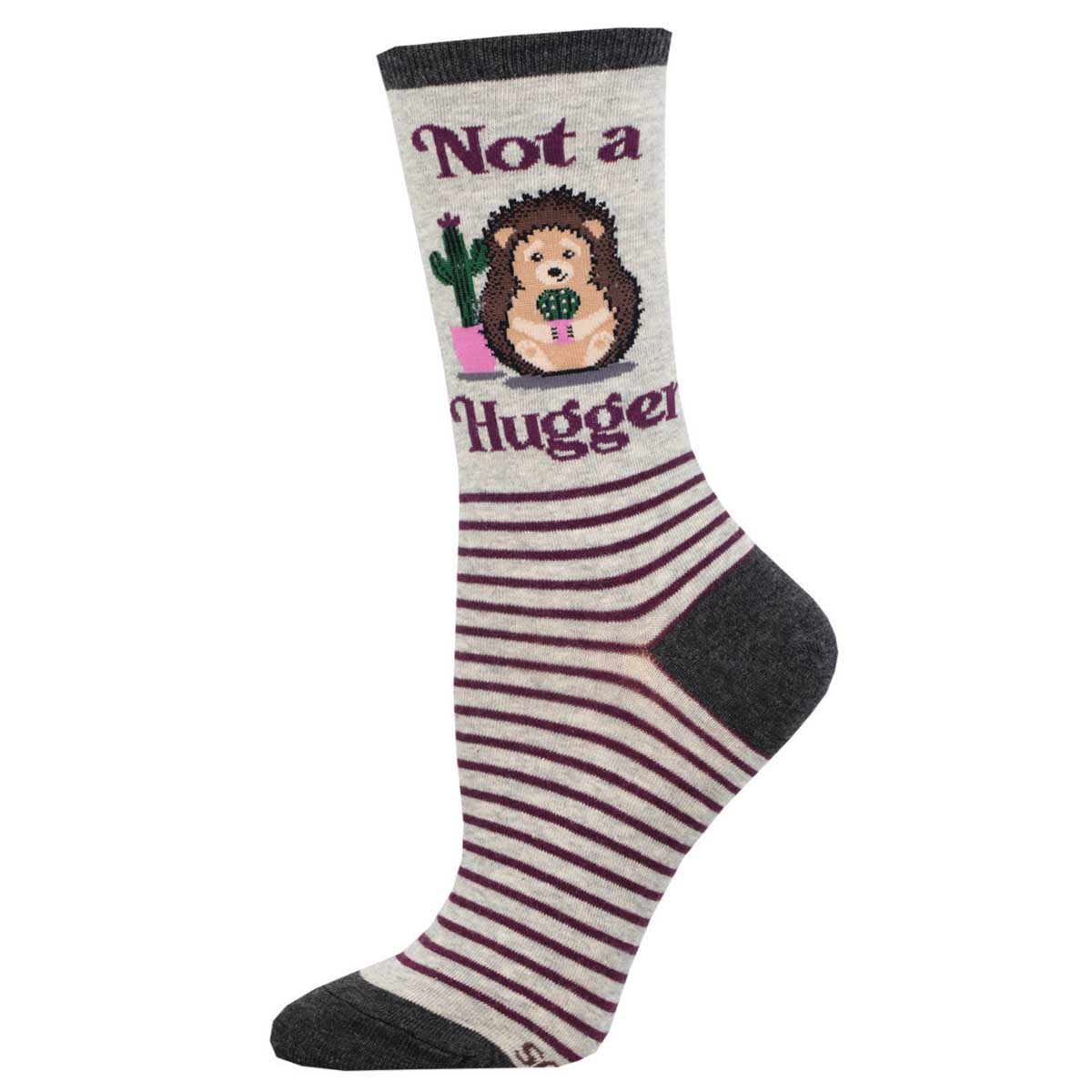 A pair of women's crew socks with a striped pattern featuring a graphic that says 'Not a Hugger' with a hedgehog holding a cactus.