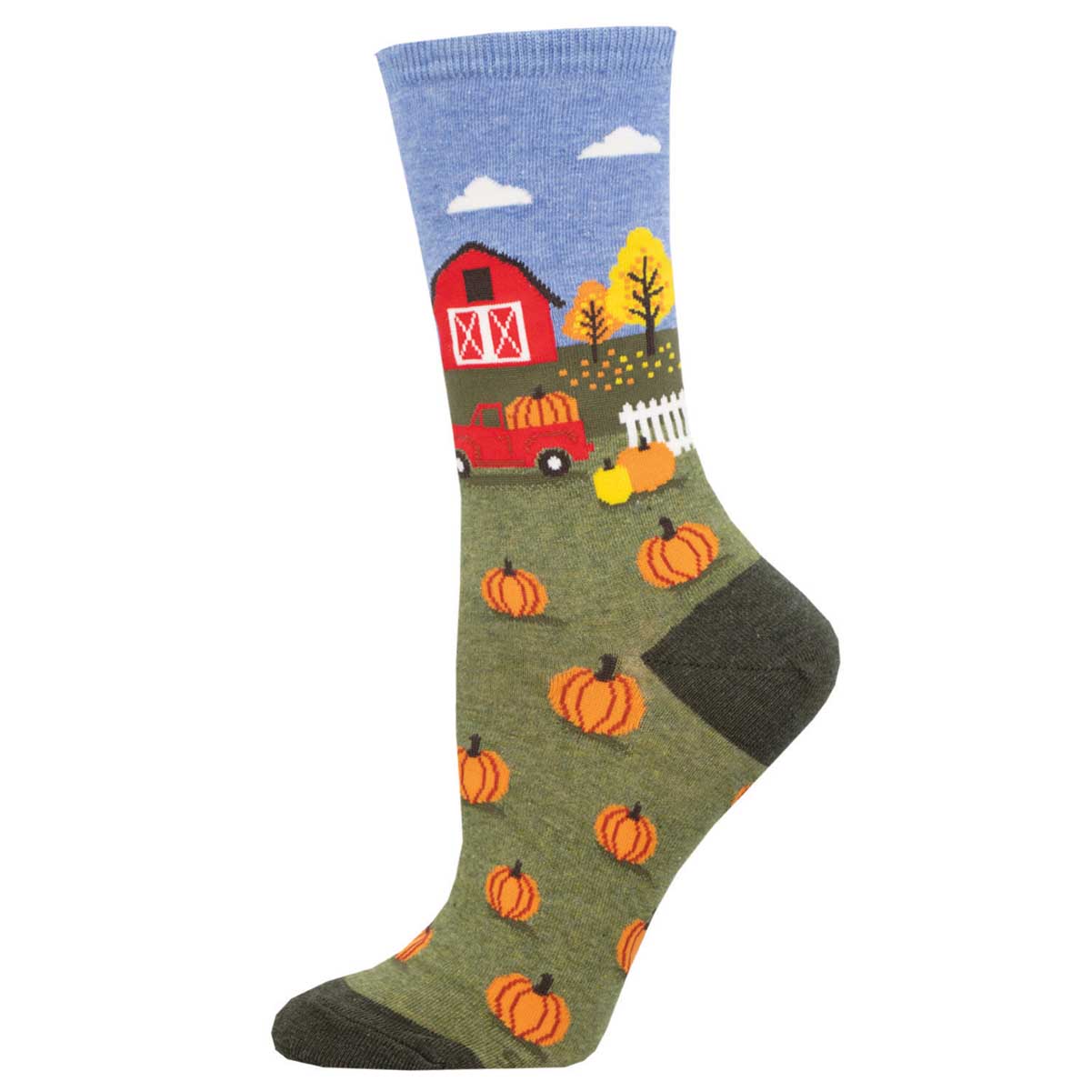 A pair of women's socks with a pumpkin patch design, featuring various autumn elements like pumpkins, a barn, and a blue sky.