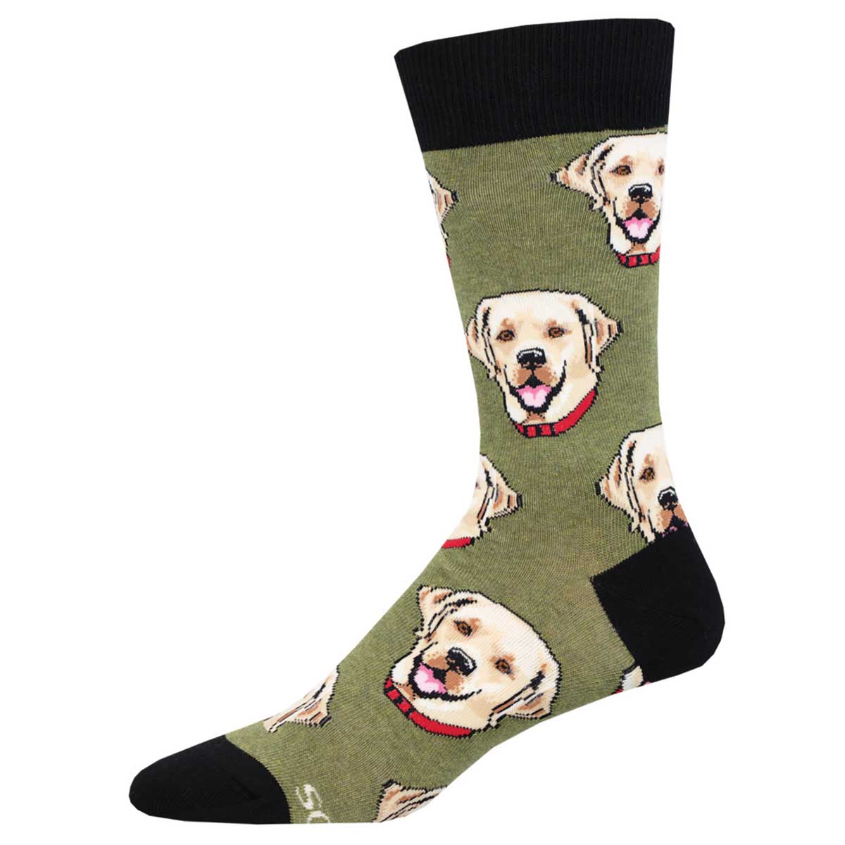 A pair of green crew socks with a pattern of Labrador dog portraits.