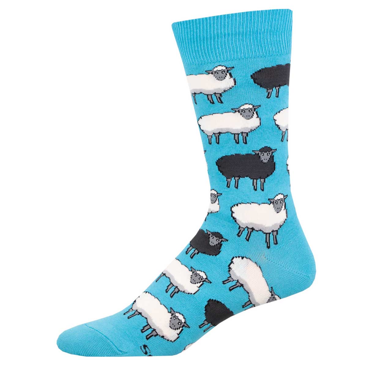 A pair of blue cotton crew socks featuring a pattern with white and black sheep.
