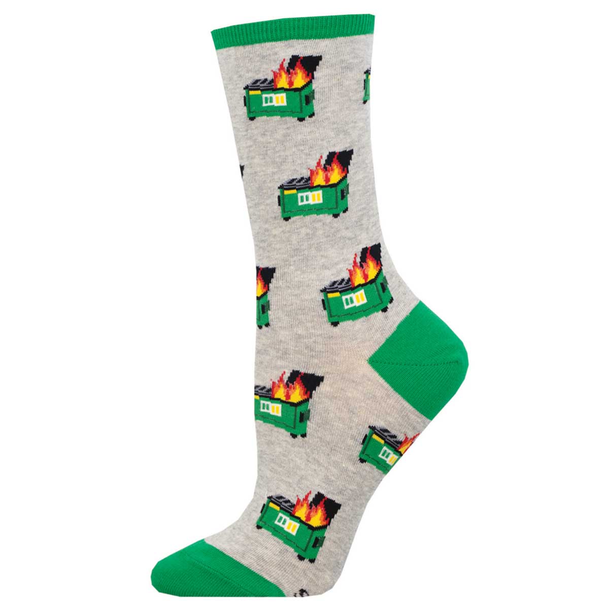A pair of gray crew socks with green accents and a pattern of green dumpsters on fire.